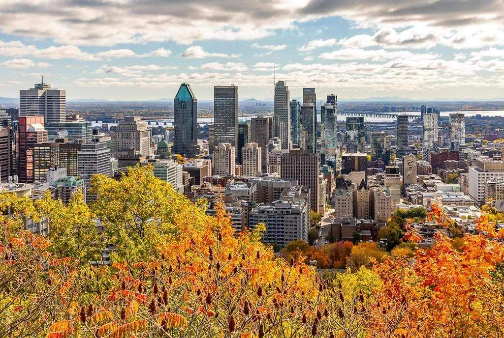 Les tours du centre-ville de Montréal vues du mont Royal, à l’automne